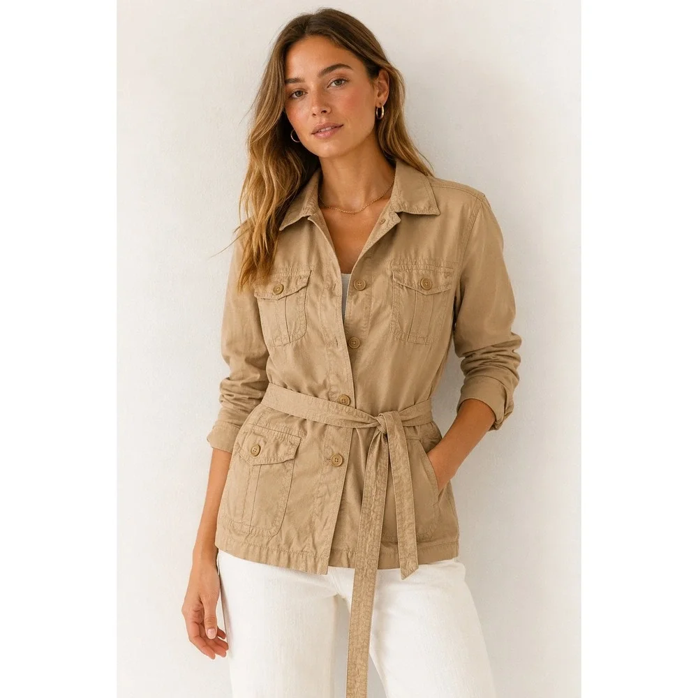 J.Crew Classic Twill Chino Utility Jacket Tan Belted Safari Military Cotton XL